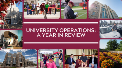 a collage of employees in University Operations and buildings and locations around the Blacksburg campus 