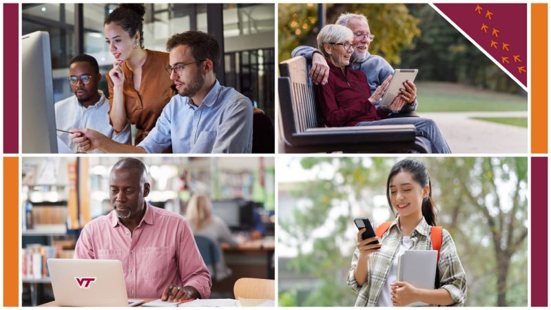 four groups of people using computers for work and communication